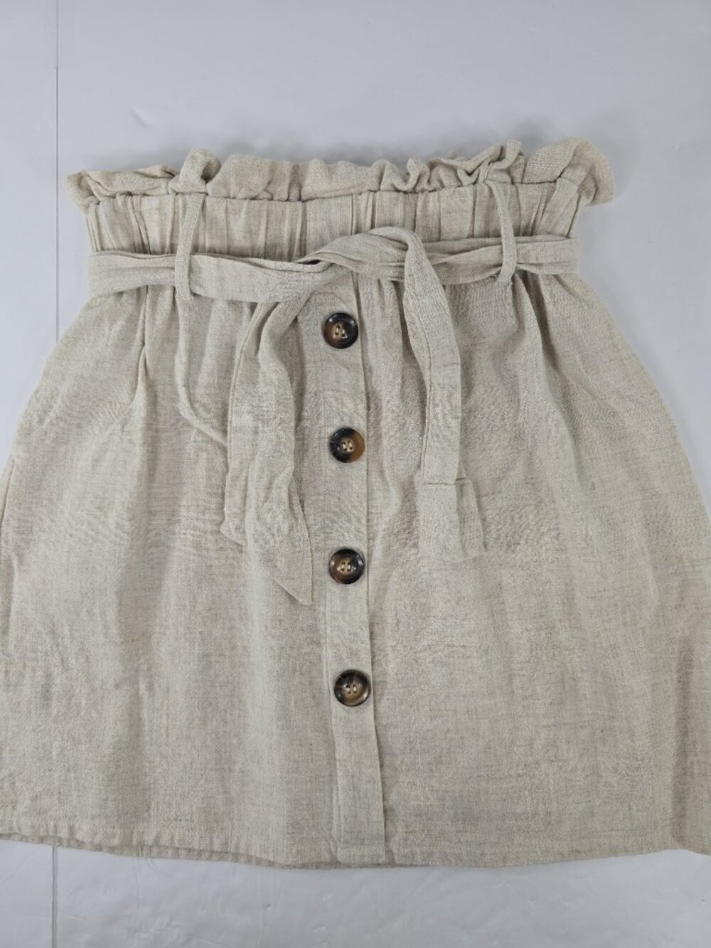 Everly Size SMALL Beige Linen Paper Bag Waist Button Front Tie Belt Mini Skirt..